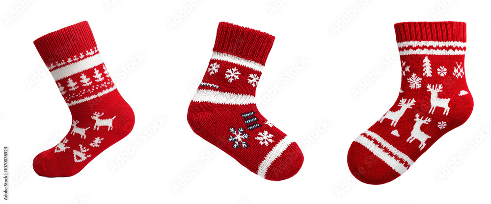 Poster isolated on transparent background, red and white christmas stocking with fair isle pattern.