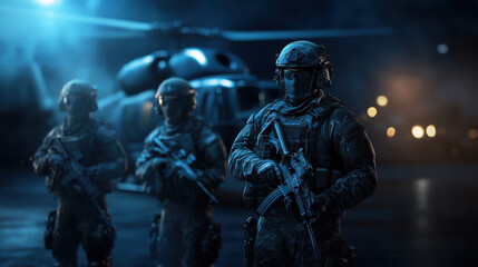 Fototapeta premium Special forces team with helicopter at night ready for mission