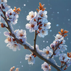 a cherry blossom branch with lavender and sky-blue petals, each petal glowing softly against a snowy background