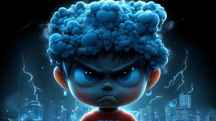 Furious cartoon character with electric cloud hair in city storm