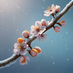 a cherry blossom branch with lavender and sky-blue petals, each petal glowing softly against a snowy background