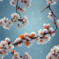a cherry blossom branch with lavender and sky-blue petals, each petal glowing softly against a snowy background