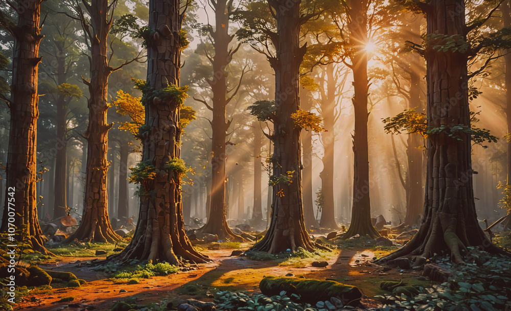 Poster forest with trees and a sun shining through the trees