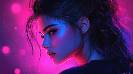 Obraz premium Digital portrait of a young woman with neon pink and blue lights, emphasizing sharpness and details in digital style.