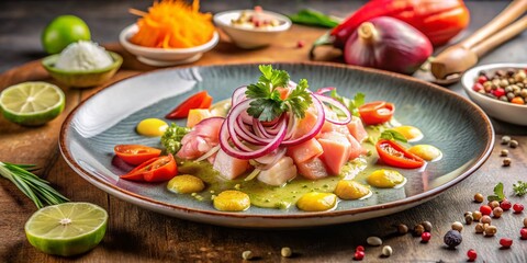 A Colorful Array of Peruvian Cuisine Featuring Ceviche, Quinoa, and Other Traditional Dishes on a Minimalist Background for Culinary Enthusiasts and Food Photography Lovers