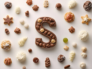 Traditional dutch chocolate latter S and sweet Kids treats for Sinterklaas day on white background. Celebration concept for children party in Saint Nicolas day five december. Top view
