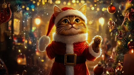A cat dressed as Santa Claus at a festive holiday party, surrounded by Christmas decorations.