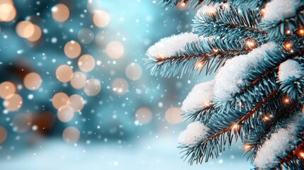 Celebrate the magic of winter with sparkling snow-covered pine trees illuminated by twinkling lights