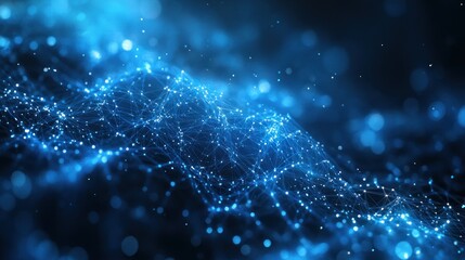 Intricate digital graphical structure with lines and geometric shapes in shades of blue and black, creating an image that looks like it's from cyberspace.