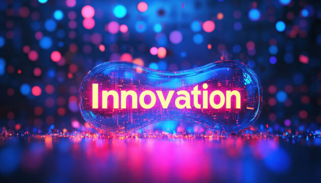 Bright and colorful digital image with the word 'Innovation' glowing amid vibrant bokeh lights, symbolizing creativity and futuristic technology.