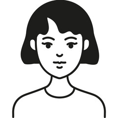 Simple Black and White Illustration of a Young Woman With Short Hair, Facing Forward, Featuring a Neutral Expression and Minimalistic Design