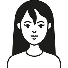 A Simple Black and White Illustration of a Young Woman With Long Hair, Featuring a Neutral Expression and Minimalist Design Elements