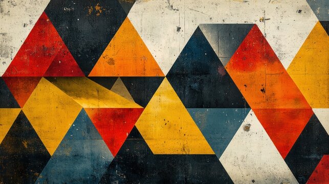 Overlapping triangles at different angles in contrasting colors create movement and energy in the graphic.