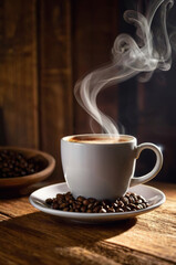 Obraz premium Cup of coffee and roasted beans on wooden table in cafe. Hot drink with steam smoke