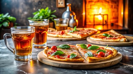 Fototapeta premium A Delicious Slice of Pizza Accompanied by Refreshing Iced Tea on a Marble Table in a Cozy, Dimly Lit Restaurant Setting Perfect for Food Lovers and Dining Experiences