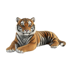 Obraz premium A tiger lying down, looking at the camera, isolated on a white background