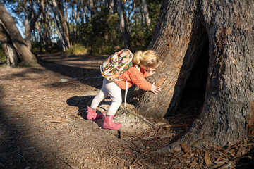 family with a toddler and children walking in nature exploring and learning, hiking in the trees and gardens. self playing