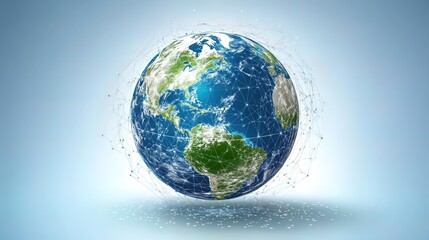 Fototapeta premium A 3D rendering of the Earth with a network of lines connecting continents, symbolizing global connectivity.