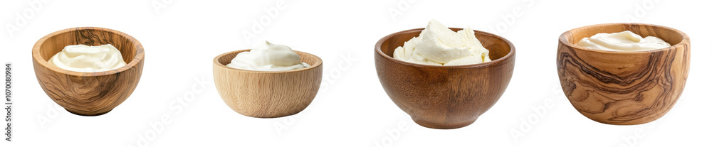 Poster stack of wooden bowls with sour cream isolated on transparent backgrounds