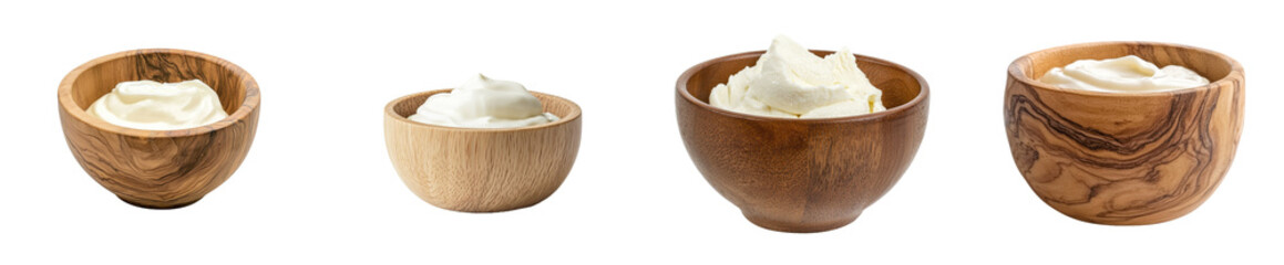 Stack of wooden bowls with sour cream isolated on transparent backgrounds