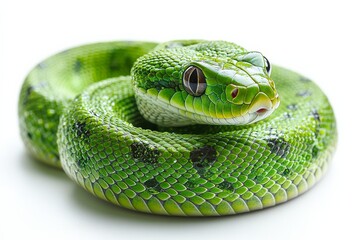 Fototapeta premium Side view of a green snake coiled in a graceful curve isolated on a white background. Generative AI