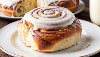 Cinnamon roll bun with icing on plate close