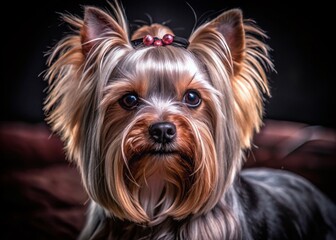 Naklejka premium Adorable Yorkie Hairstyles: Macro Photography Showcasing Cute Cuts and Grooming Techniques for Yorkshire Terriers with a Focus on Texture and Detail in Their Fur