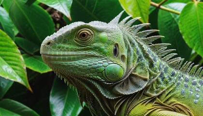 Fototapeta premium Closeup of head of a green Iguana with leaves in a tree