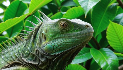 Obraz premium Closeup of head of a green Iguana with leaves in a tree