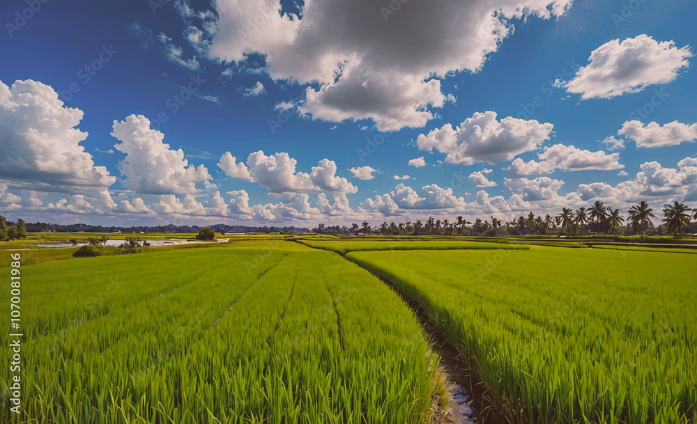 Poster field of green rice with a path through it