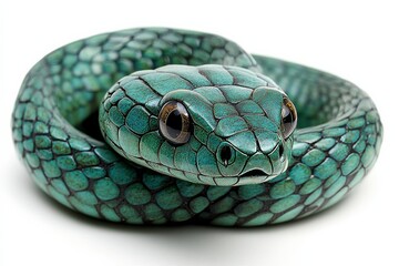 Fototapeta premium Side view of a green snake coiled in a graceful curve isolated on a white background. Generative AI