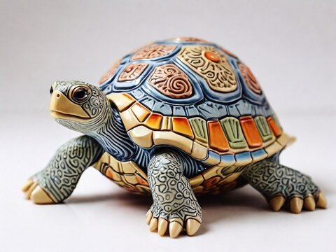 Colorful turtle figurine standing on white background