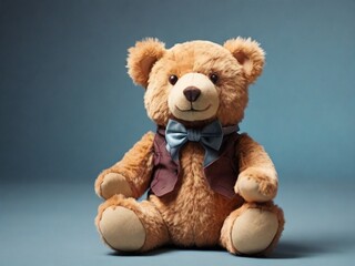 Obraz premium Adorable teddy bear wearing vest and bow tie sitting on blue background