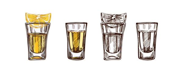 Hand-drawn  colored and monochrome  shot glasses with tequila with a slice of lime. Design element for the menu of bars and restaurants, alcohol stores. Vector sketch illustration in engraving style.