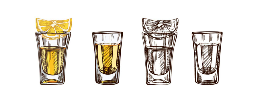 Hand-drawn  colored and monochrome  shot glasses with tequila with a slice of lime. Design element for the menu of bars and restaurants, alcohol stores. Vector sketch illustration in engraving style.