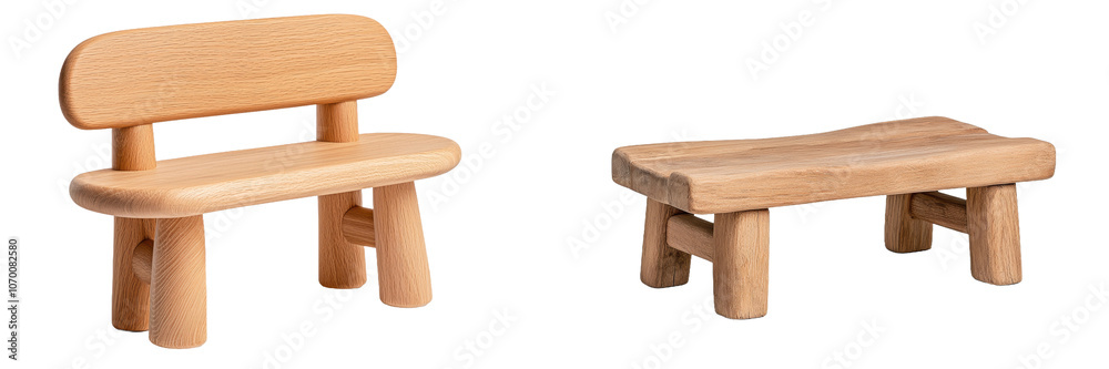 Poster Isolated on transparent background, a minimalist wooden bench with a natural finish and a backrest. Perfect for adding warmth and functionality to any space.