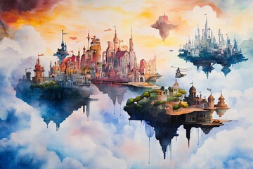 A painting of multiple floating cities in the clouds, painted in vibrant colors.
