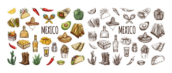 Hand-drawn colored and monochrome  set of realistic mexican elements. Vintage sketch drawings of Latin American culture. Vector ink illustration. Mexican culture.
