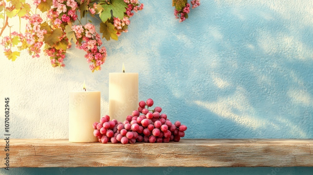 Aufkleber Create a cozy atmosphere with candles and grapes on a rustic shelf