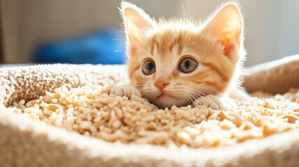 A cute orange tabby kitten peeks out from a bed of wood pellets, looking curious and adorable.