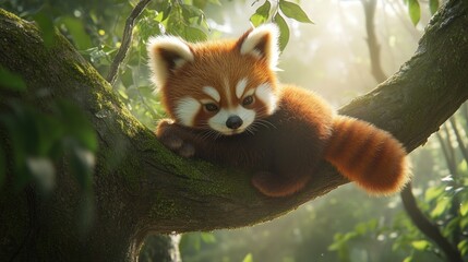 Fototapeta premium A cute red panda cub relaxes on a tree branch in a lush forest, sunlight streaming through the leaves.