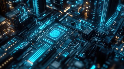 Obraz premium A futuristic cityscape rendered as a circuit board with a glowing blue brain in the center.