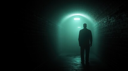 Obraz premium A mysterious figure stands in a dimly lit tunnel