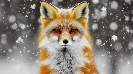 Portrait of Red Fox in Snowy Landscape with Alert Gaze and Falling Snowflakes