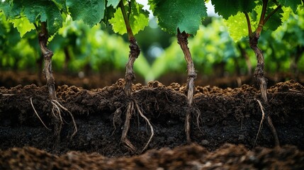 Roots of grapevines emerging from the rich soil in a vineyard during daylight