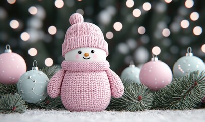 Adorable pink knitted snowman decorates a festive winter scene with colorful ornaments and warm holiday cheer