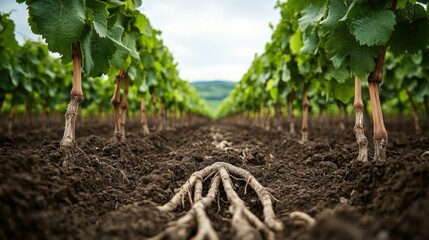 Vineyard roots emerging from the rich soil in a green landscape during daylight