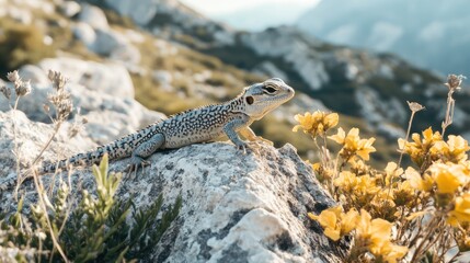 A lizard basks in the sun on a rocky outcrop, with yellow wildflowers in the foreground and a mountain range in the background.