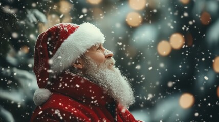 Smiling man with a white beard in a red santa hat and coat is standing in the snow. Santa Claus