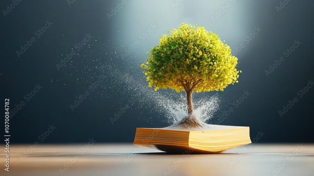 Poster A book transforms into a lush tree symbolizing growth and knowledge